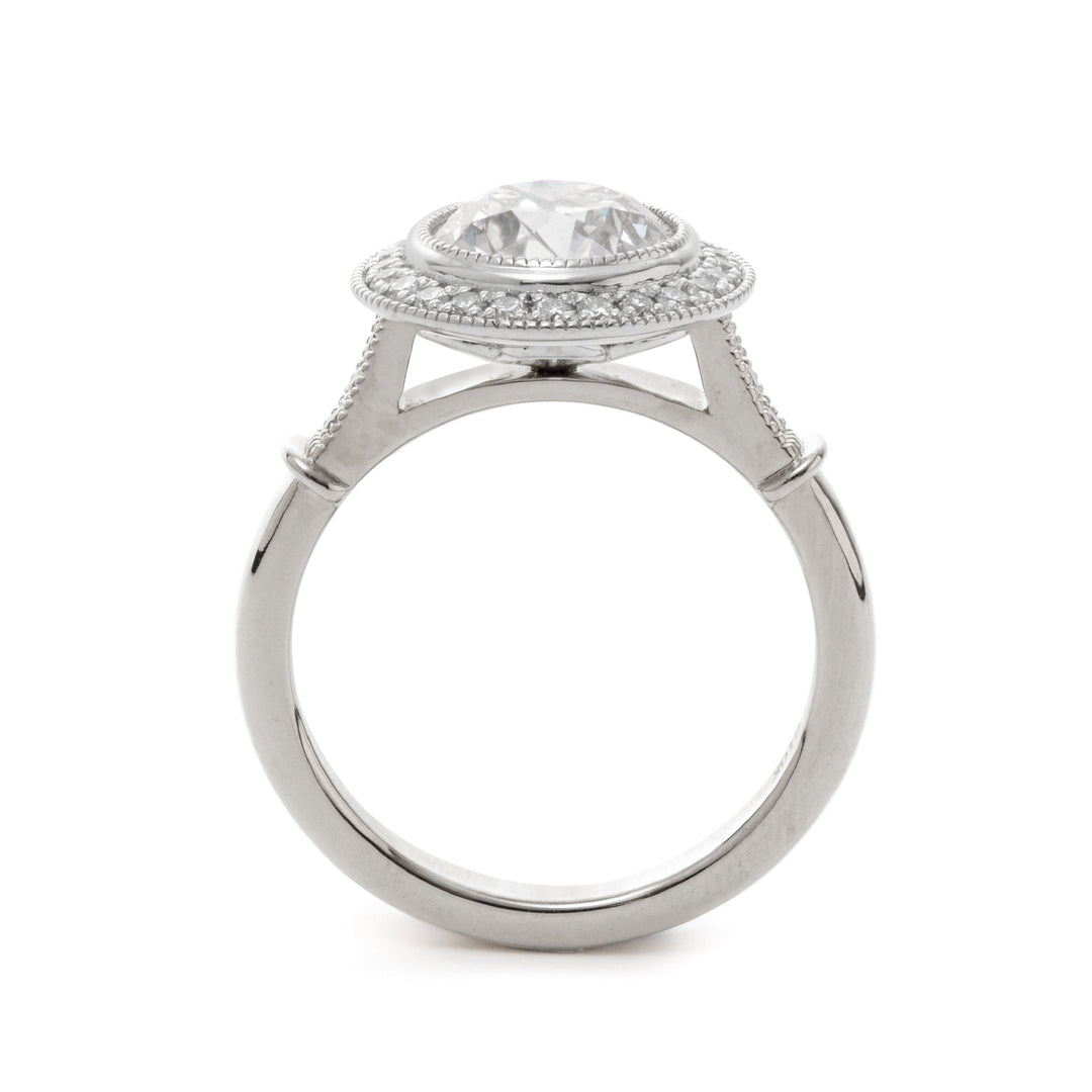 14K Yellow Gold 2ct Old European Cut Lab Diamond Miillegrain Vintage Ring with a 14K White Gold Round Diamond Halo - FIORESE JEWELRY