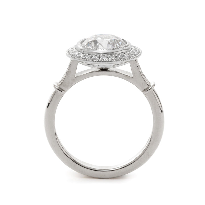 14K Yellow Gold 2ct Old European Cut Lab Diamond Miillegrain Vintage Ring with a 14K White Gold Round Diamond Halo - FIORESE JEWELRY