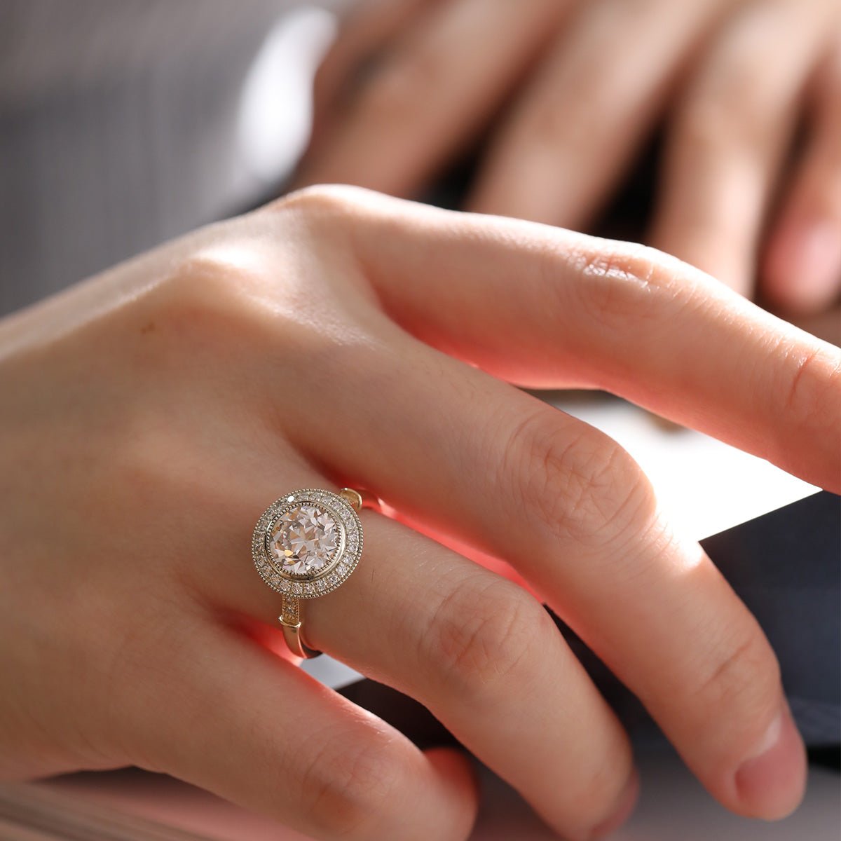 14K Yellow Gold 2ct Old European Cut Lab Diamond Miillegrain Vintage Ring with a 14K White Gold Round Diamond Halo - FIORESE JEWELRY