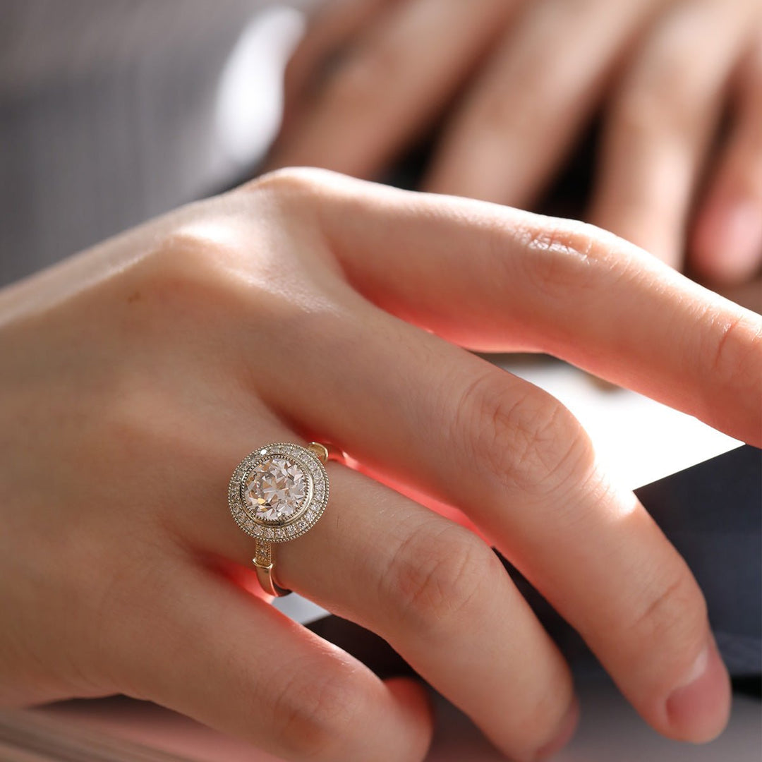 14K Yellow Gold 2ct Old European Cut Lab Diamond Miillegrain Vintage Ring with a 14K White Gold Round Diamond Halo - FIORESE JEWELRY