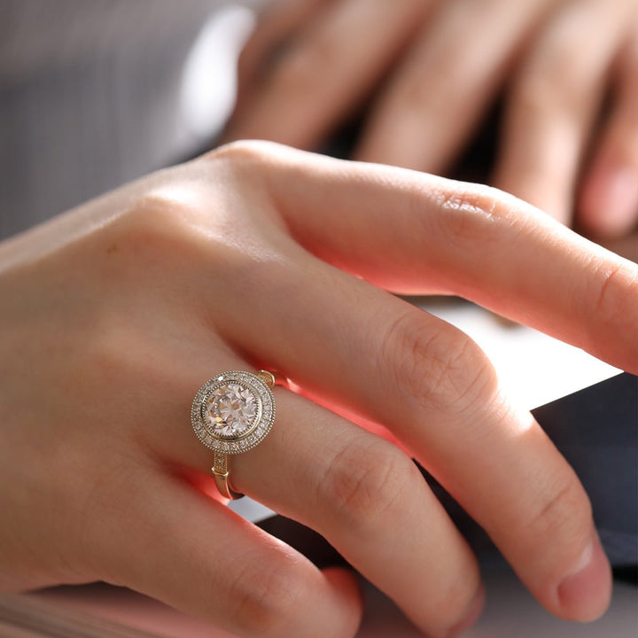 14K Yellow Gold 2ct Old European Cut Lab Diamond Miillegrain Vintage Ring with a 14K White Gold Round Diamond Halo - FIORESE JEWELRY