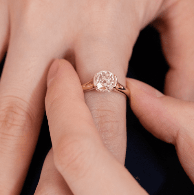 14K Yellow Gold 2ct Old Mine Cut Lab Diamond Half Bezel Ring with Knot Design - FIORESE JEWELRY