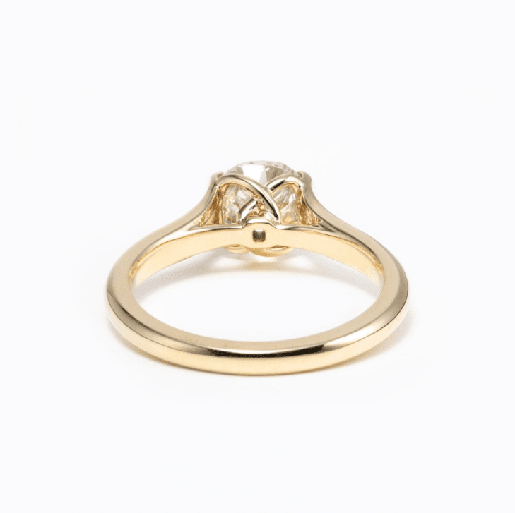 14K Yellow Gold 2ct Old Mine Cut Lab Diamond Half Bezel Ring with Knot Design - FIORESE JEWELRY