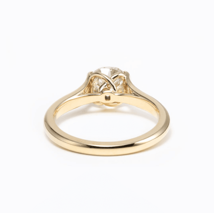 14K Yellow Gold 2ct Old Mine Cut Lab Diamond Half Bezel Ring with Knot Design - FIORESE JEWELRY