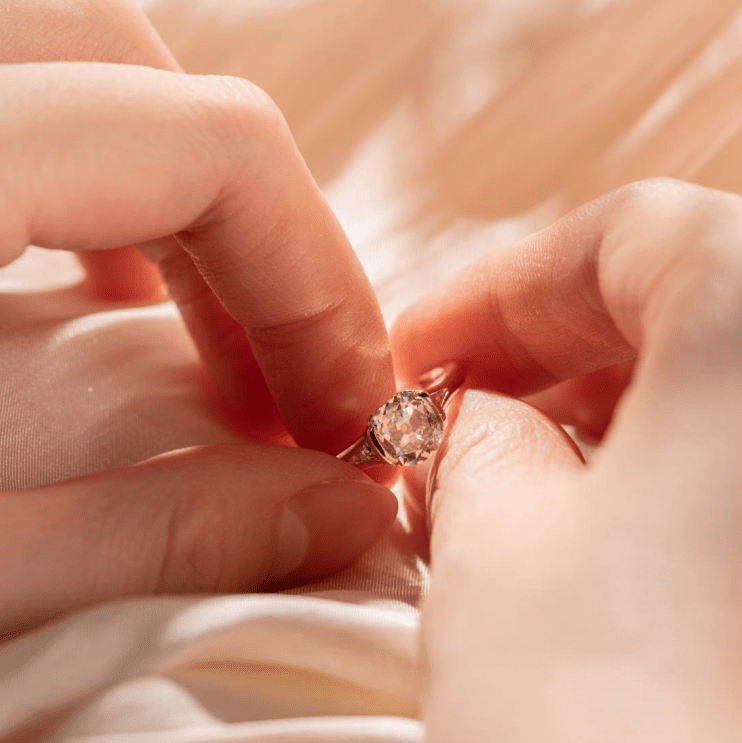 14K Yellow Gold 2ct Old Mine Cut Lab Diamond Half Bezel Ring with Knot Design - FIORESE JEWELRY