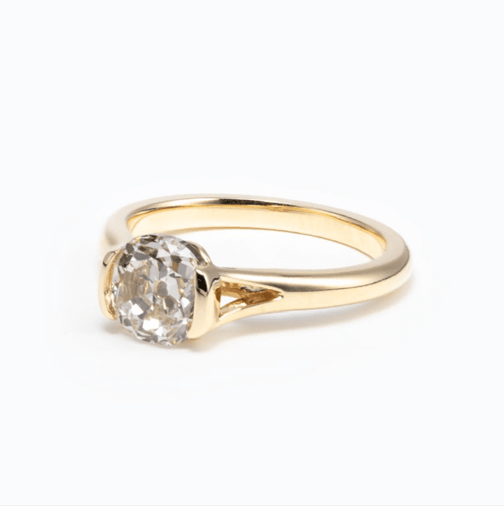 14K Yellow Gold 2ct Old Mine Cut Lab Diamond Half Bezel Ring with Knot Design - FIORESE JEWELRY