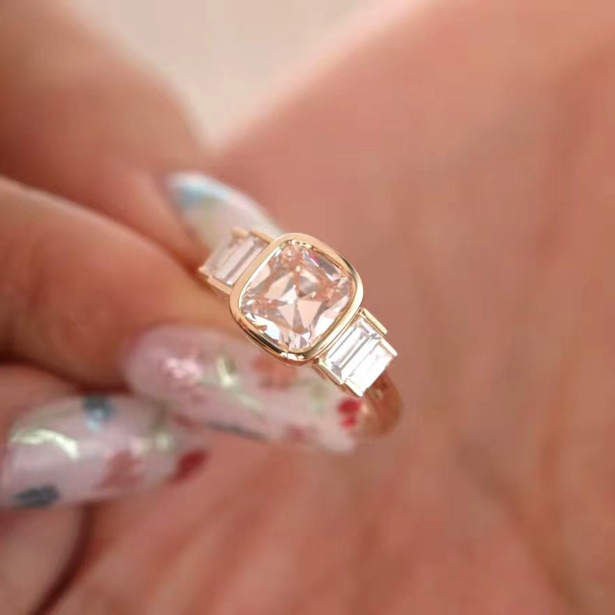 14K Yellow Gold 2ct Old Mine Cut Light Pink Lab Diamond Bezel 5 Stone Ring with Baguette Lab Diamond Side - stone - FIORESE JEWELRY