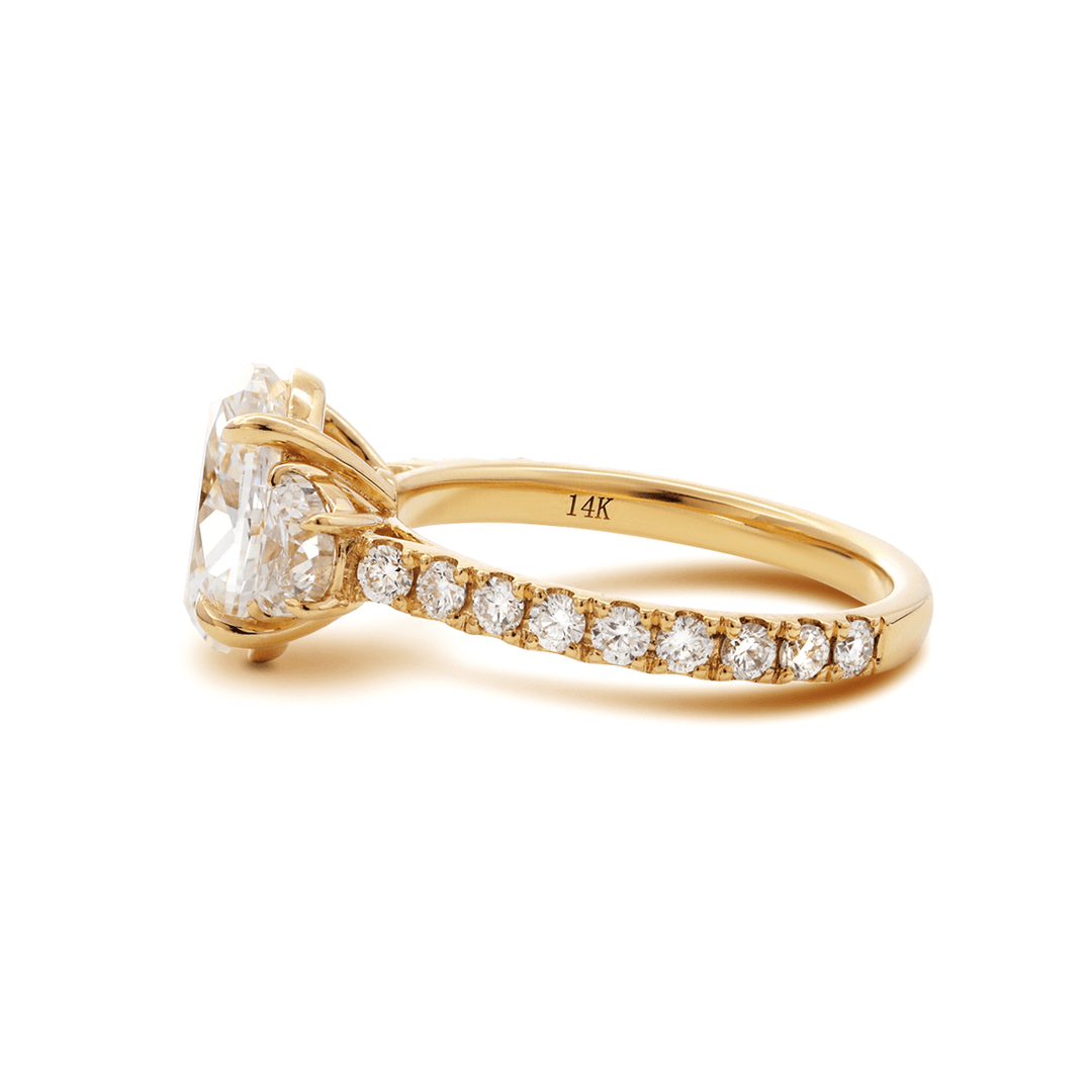14K Yellow Gold 2ct Oval Lab Diamond Vintage Ring with Half Moon and Round Lab Diamond Side - stones Pave - FIORESE JEWELRY