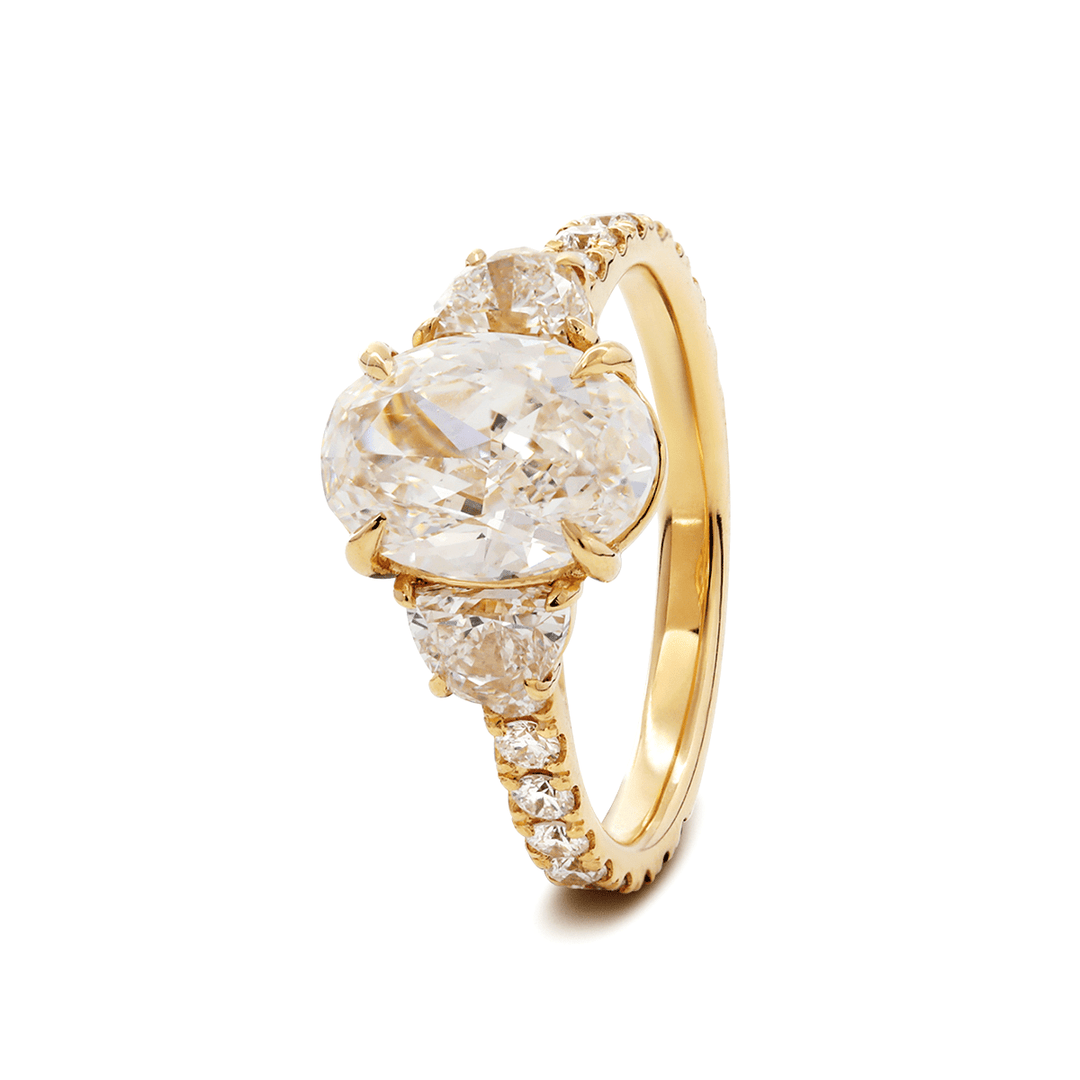 14K Yellow Gold 2ct Oval Lab Diamond Vintage Ring with Half Moon and Round Lab Diamond Side - stones Pave - FIORESE JEWELRY