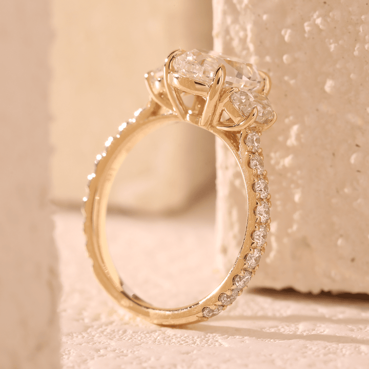 14K Yellow Gold 2ct Oval Lab Diamond Vintage Ring with Half Moon and Round Lab Diamond Side - stones Pave - FIORESE JEWELRY