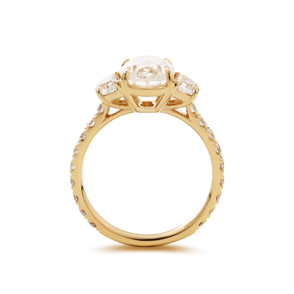 Oval Lab Diamond Vintage Ring with Half-Moon and Three-Quarter Round Lab Diamond Side Stones and Pavé Setting