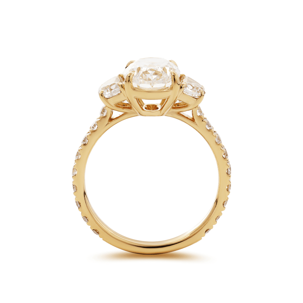 14K Yellow Gold 2ct Oval Lab Diamond Vintage Ring with Half Moon and Round Lab Diamond Side - stones Pave - FIORESE JEWELRY