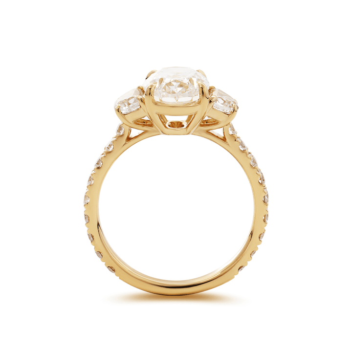 14K Yellow Gold 2ct Oval Lab Diamond Vintage Ring with Half Moon and Round Lab Diamond Side - stones Pave - FIORESE JEWELRY