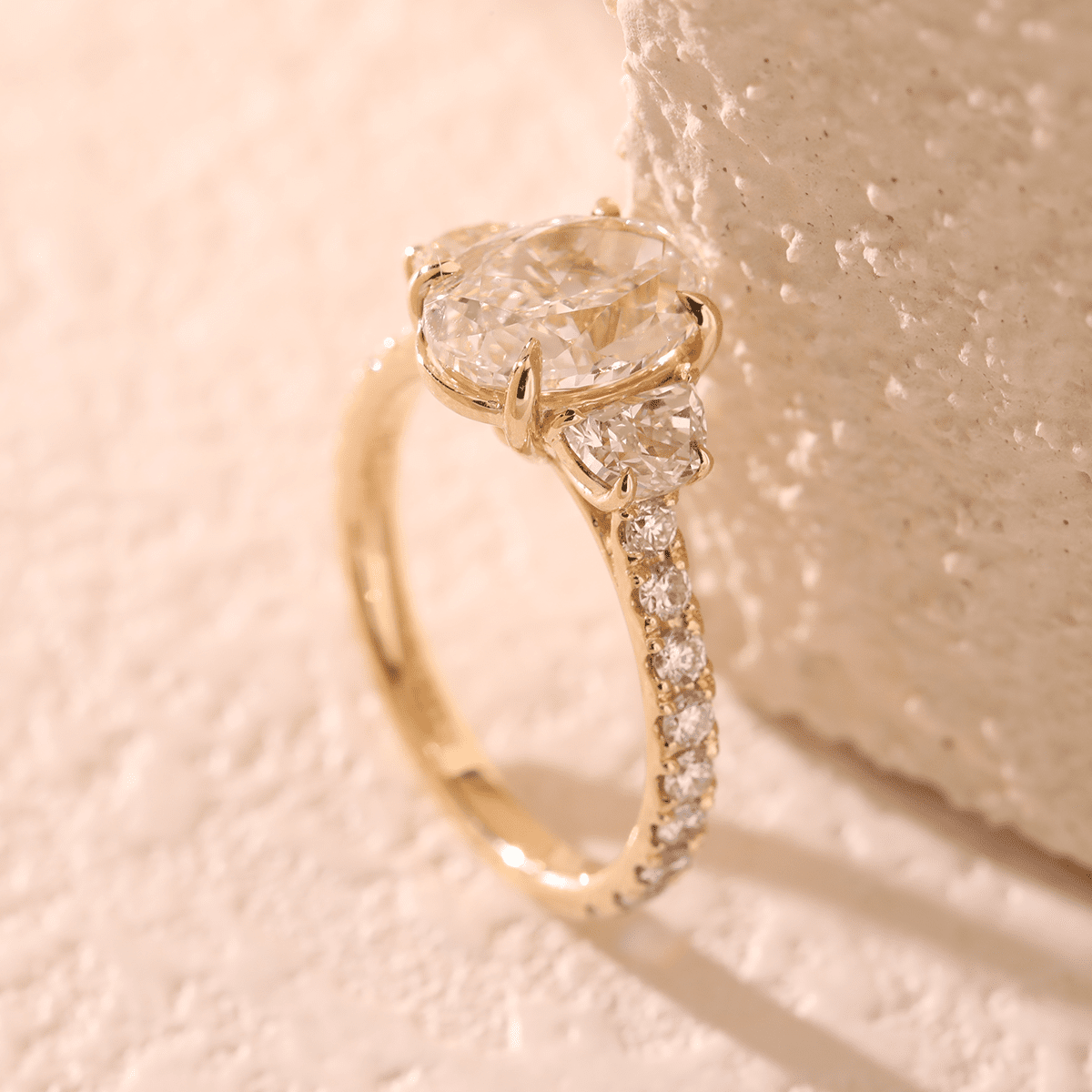 Oval Lab Diamond Vintage Ring with Half-Moon and Three-Quarter Round Lab Diamond Side Stones and Pavé Setting