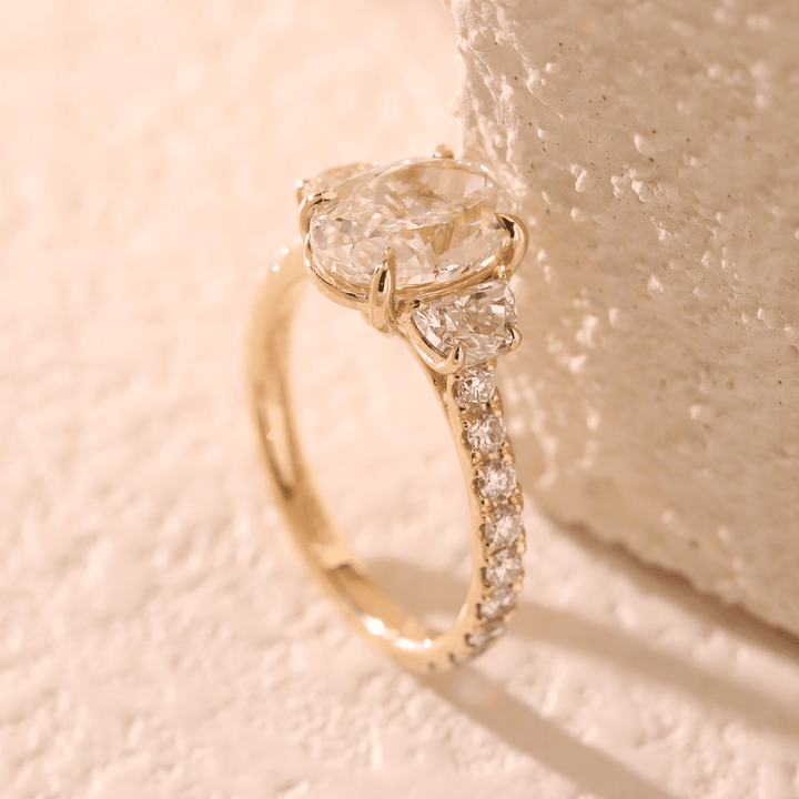 14K Yellow Gold 2ct Oval Lab Diamond Vintage Ring with Half Moon and Round Lab Diamond Side - stones Pave - FIORESE JEWELRY