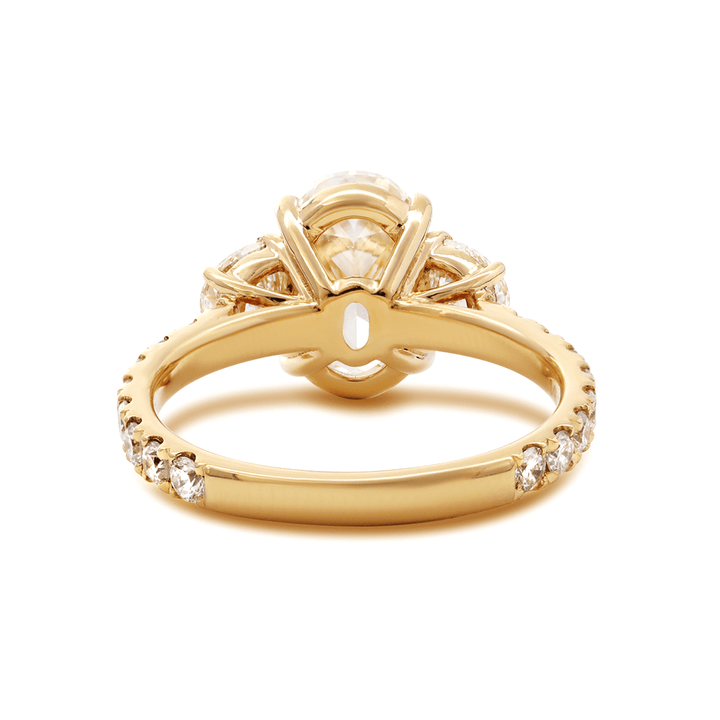 14K Yellow Gold 2ct Oval Lab Diamond Vintage Ring with Half Moon and Round Lab Diamond Side - stones Pave - FIORESE JEWELRY