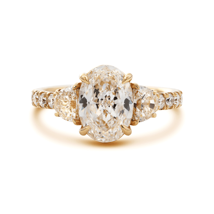 14K Yellow Gold 2ct Oval Lab Diamond Vintage Ring with Half Moon and Round Lab Diamond Side - stones Pave - FIORESE JEWELRY