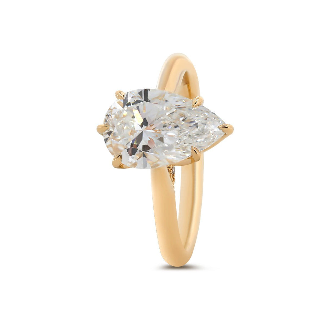 14K Yellow Gold 2ct Pear Cut Lab Diamond 6 Claw Prongs Floral Basket Ring with Hidden Round Diamond Millegrain Pave - FIORESE JEWELRY