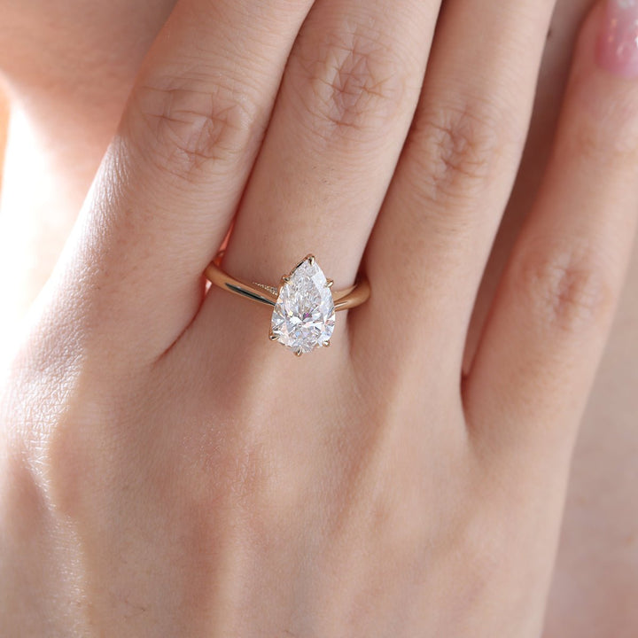 14K Yellow Gold 2ct Pear Cut Lab Diamond 6 Claw Prongs Floral Basket Ring with Hidden Round Diamond Millegrain Pave - FIORESE JEWELRY