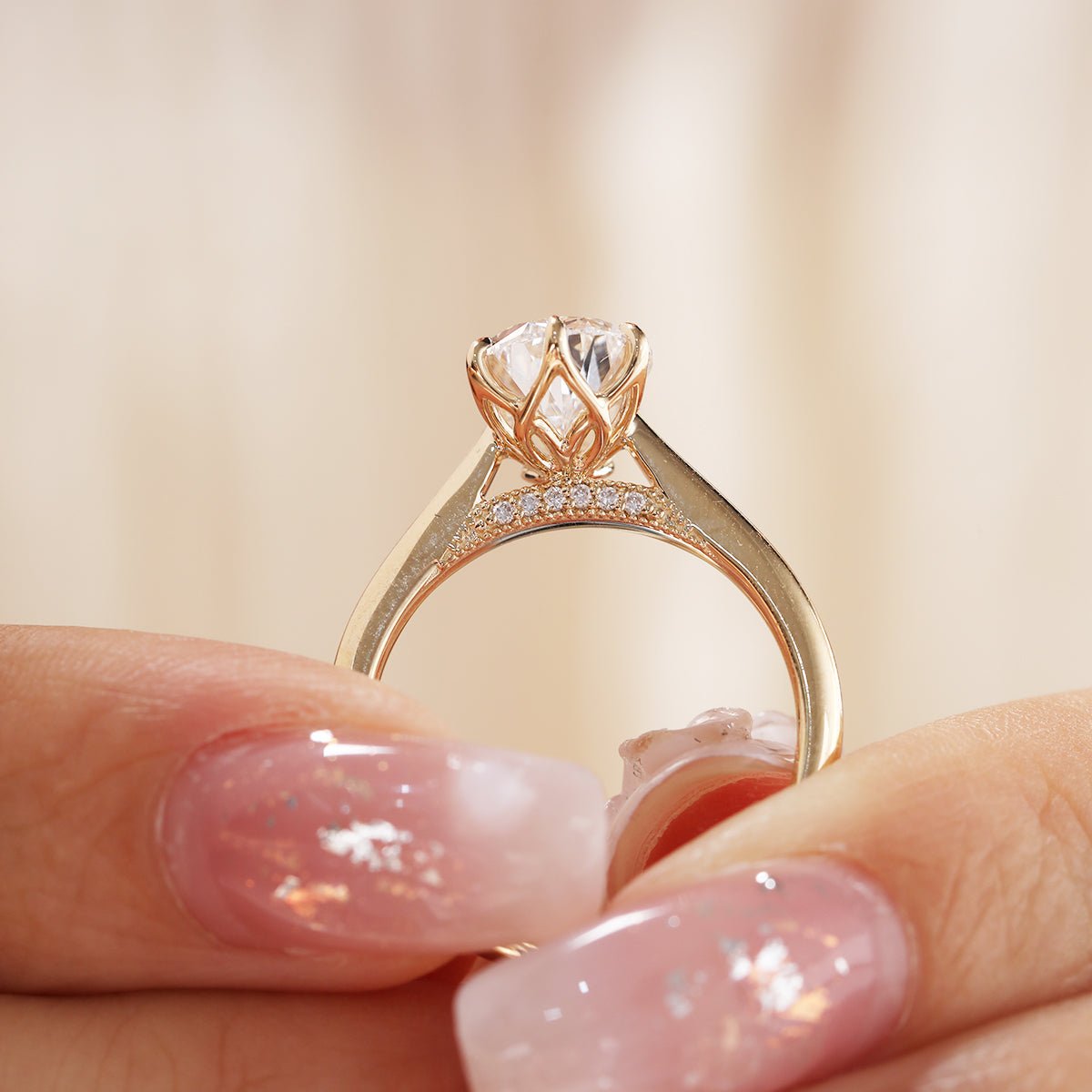 14K Yellow Gold 2ct Pear Cut Lab Diamond 6 Claw Prongs Floral Basket Ring with Hidden Round Diamond Millegrain Pave