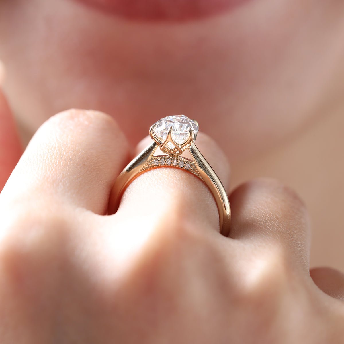 14K Yellow Gold 2ct Pear Cut Lab Diamond 6 Claw Prongs Floral Basket Ring with Hidden Round Diamond Millegrain Pave