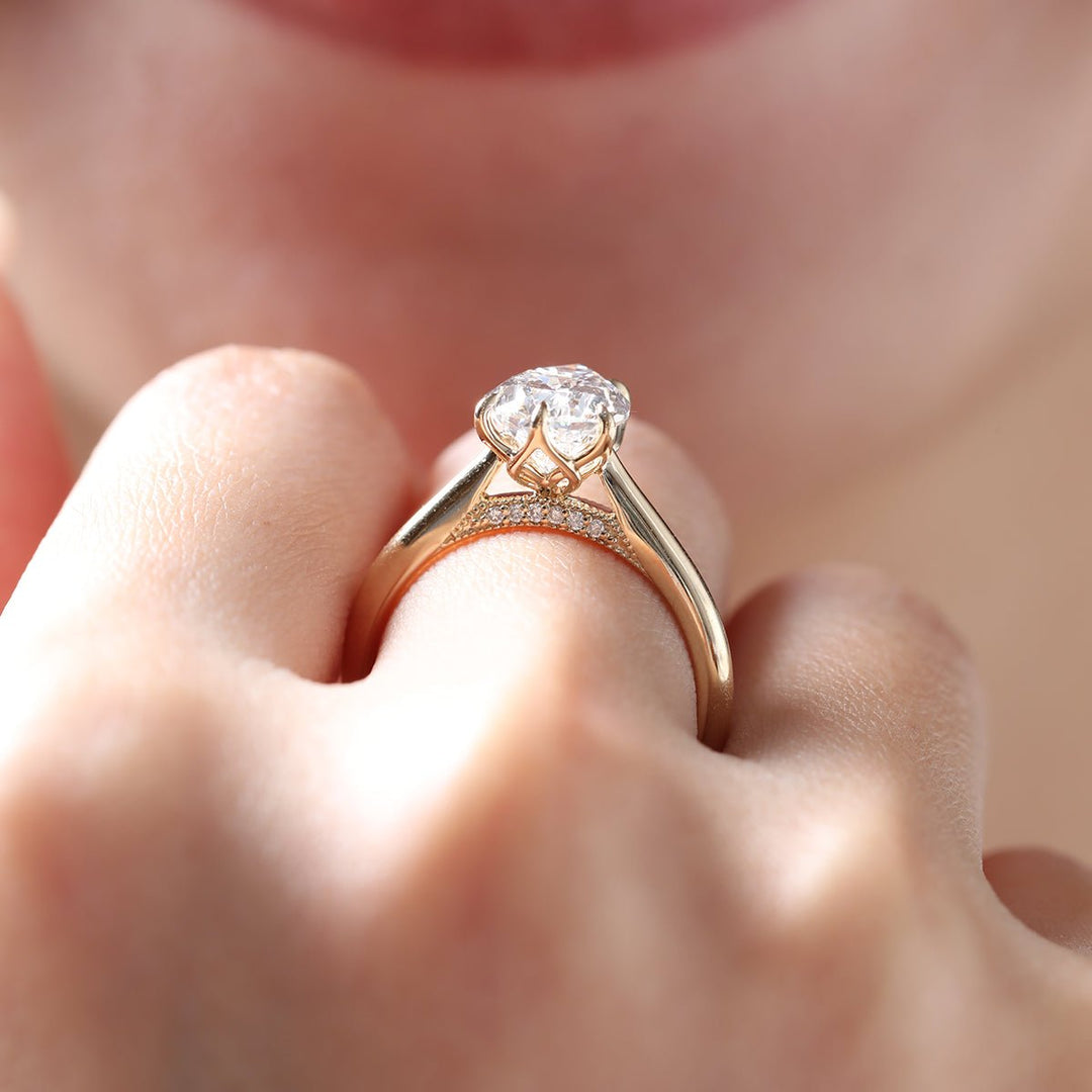 14K Yellow Gold 2ct Pear Cut Lab Diamond 6 Claw Prongs Floral Basket Ring with Hidden Round Diamond Millegrain Pave - FIORESE JEWELRY