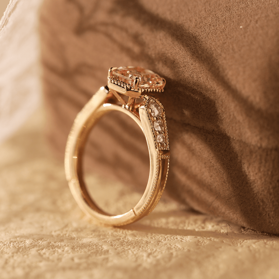 14K Yellow Gold 2ct Radiant Cut Pink Lab Diamond Cathedral Setting Vintage Ring with 14K Rose Gold Millegrain Basket - FIORESE JEWELRY