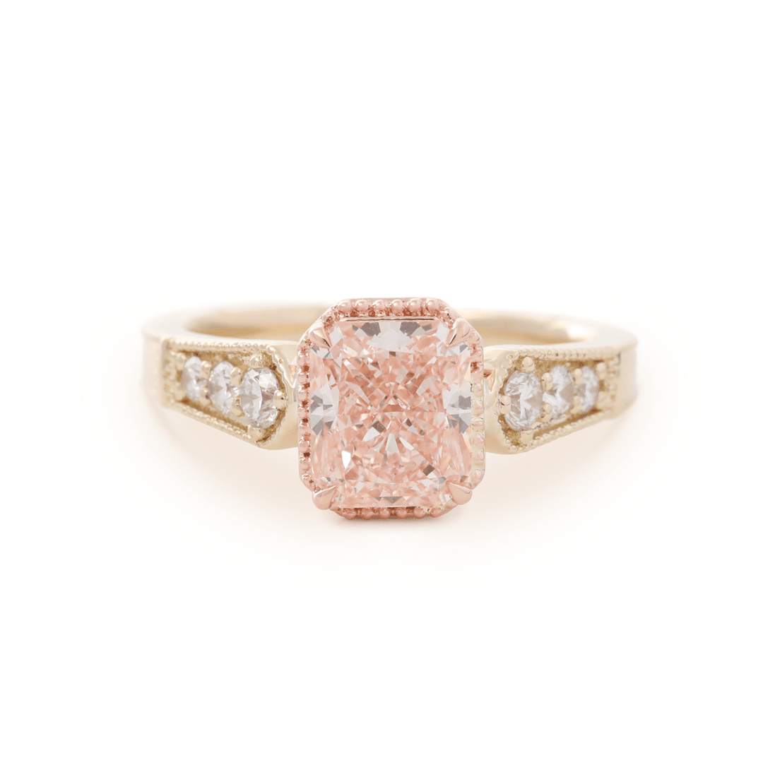 14K Yellow Gold 2ct Radiant Cut Pink Lab Diamond Cathedral Setting Vintage Ring with 14K Rose Gold Millegrain Basket - FIORESE JEWELRY