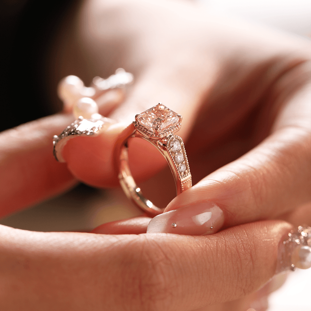 14K Yellow Gold 2ct Radiant Cut Pink Lab Diamond Cathedral Setting Vintage Ring with 14K Rose Gold Millegrain Basket - FIORESE JEWELRY