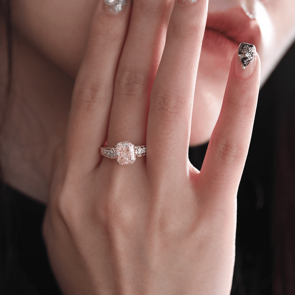 14K Yellow Gold 2ct Radiant Cut Pink Lab Diamond Cathedral Setting Vintage Ring with 14K Rose Gold Millegrain Basket - FIORESE JEWELRY