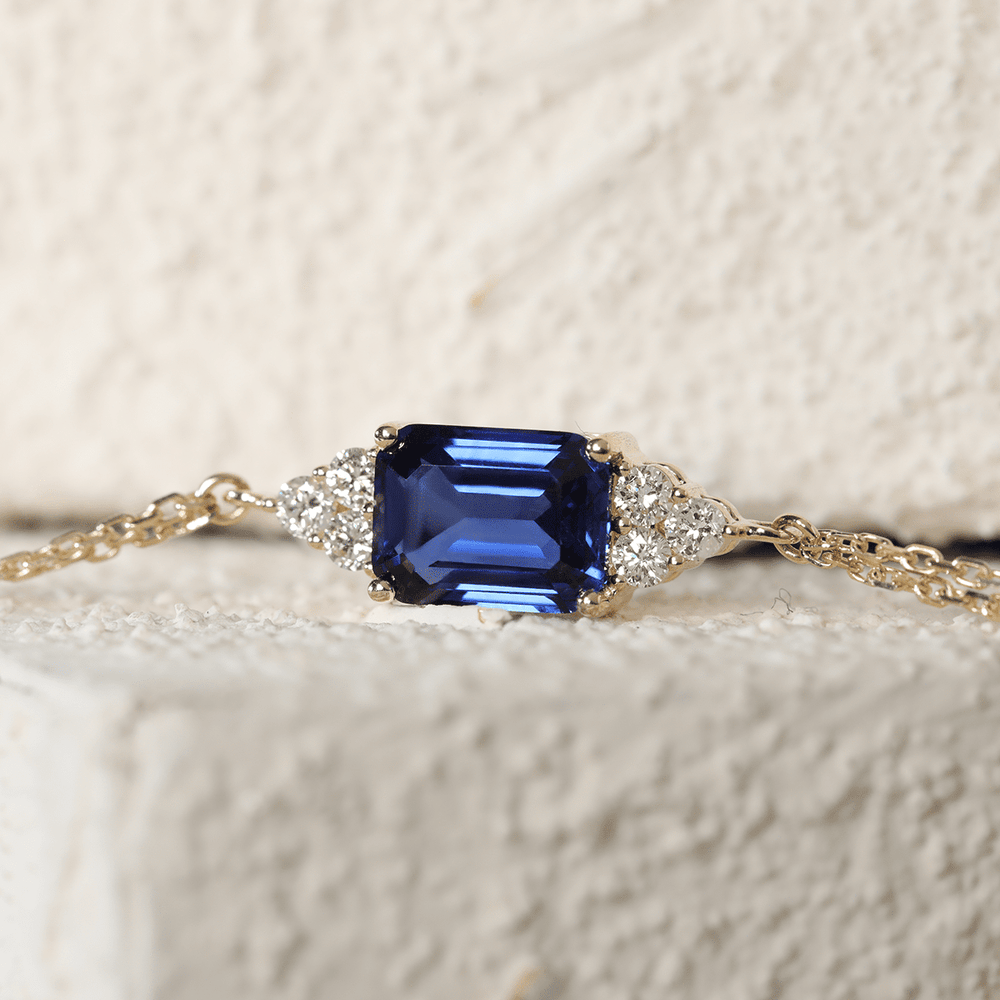 14K Yellow Gold 2ct Royal Blue Lab Sapphire Chain Bracelet with Round Lab Diamond Side - stones - FIORESE JEWELRY