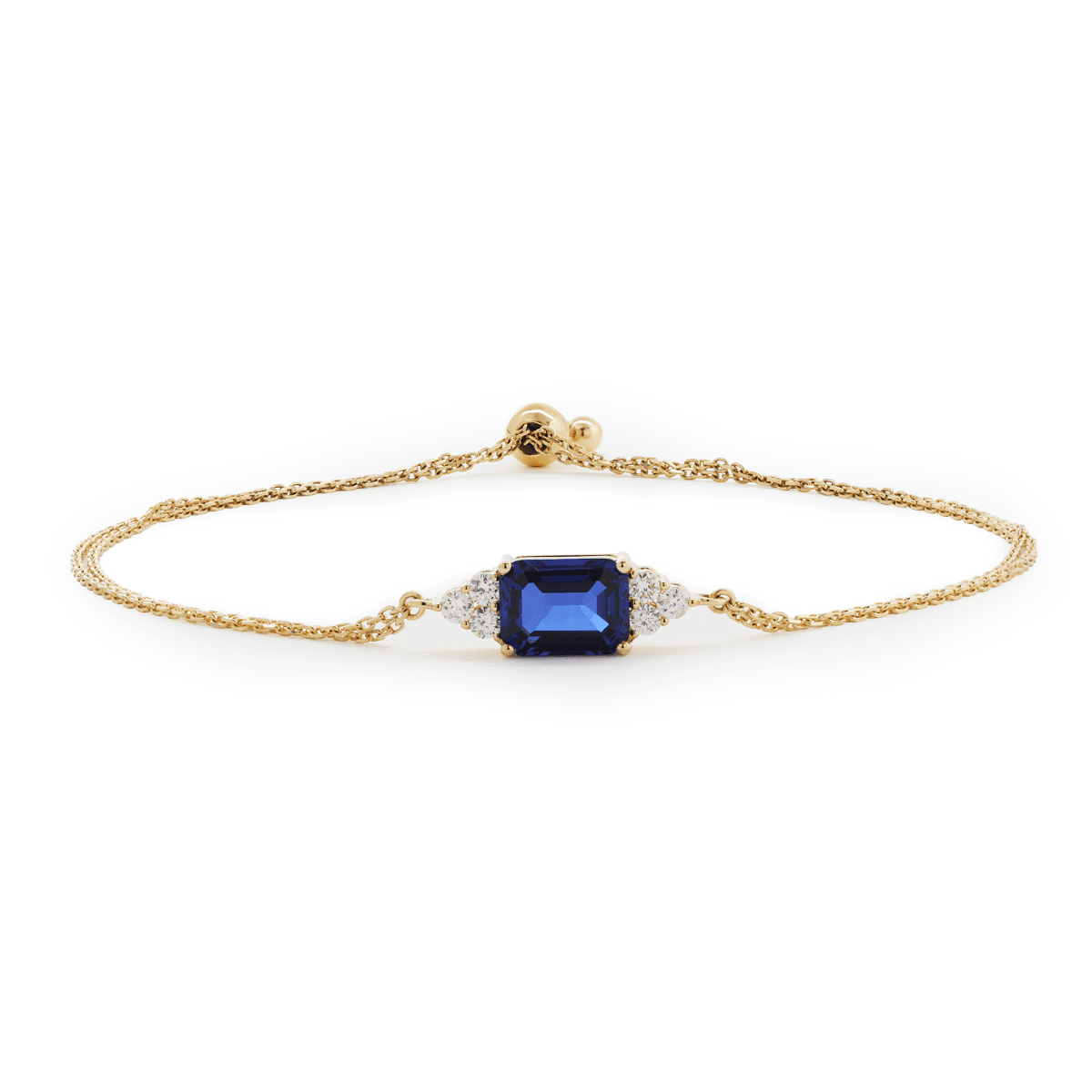 14K Yellow Gold 2ct Royal Blue Lab Sapphire Chain Bracelet with Round Lab Diamond Side - stones - FIORESE JEWELRY