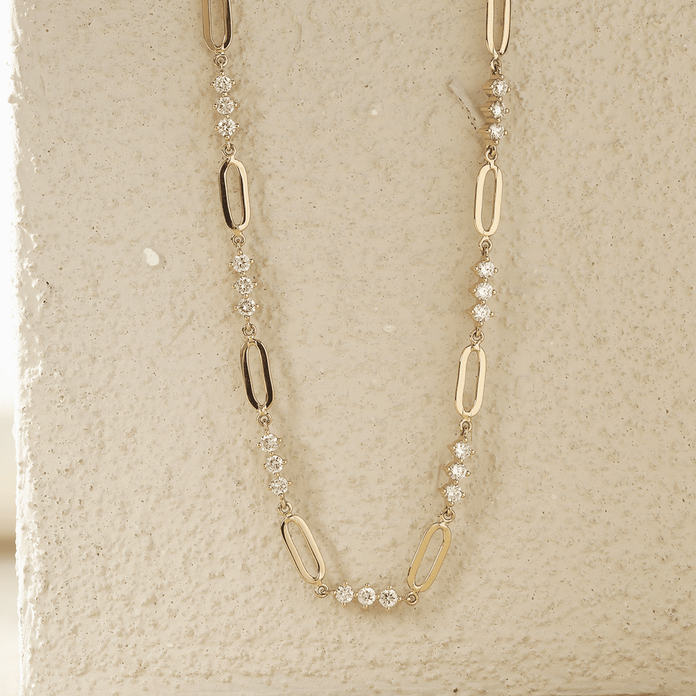 14K Yellow Gold 2mm Round Lab Diamond Cross Squashed Chain Station Necklace - FIORESE JEWELRY