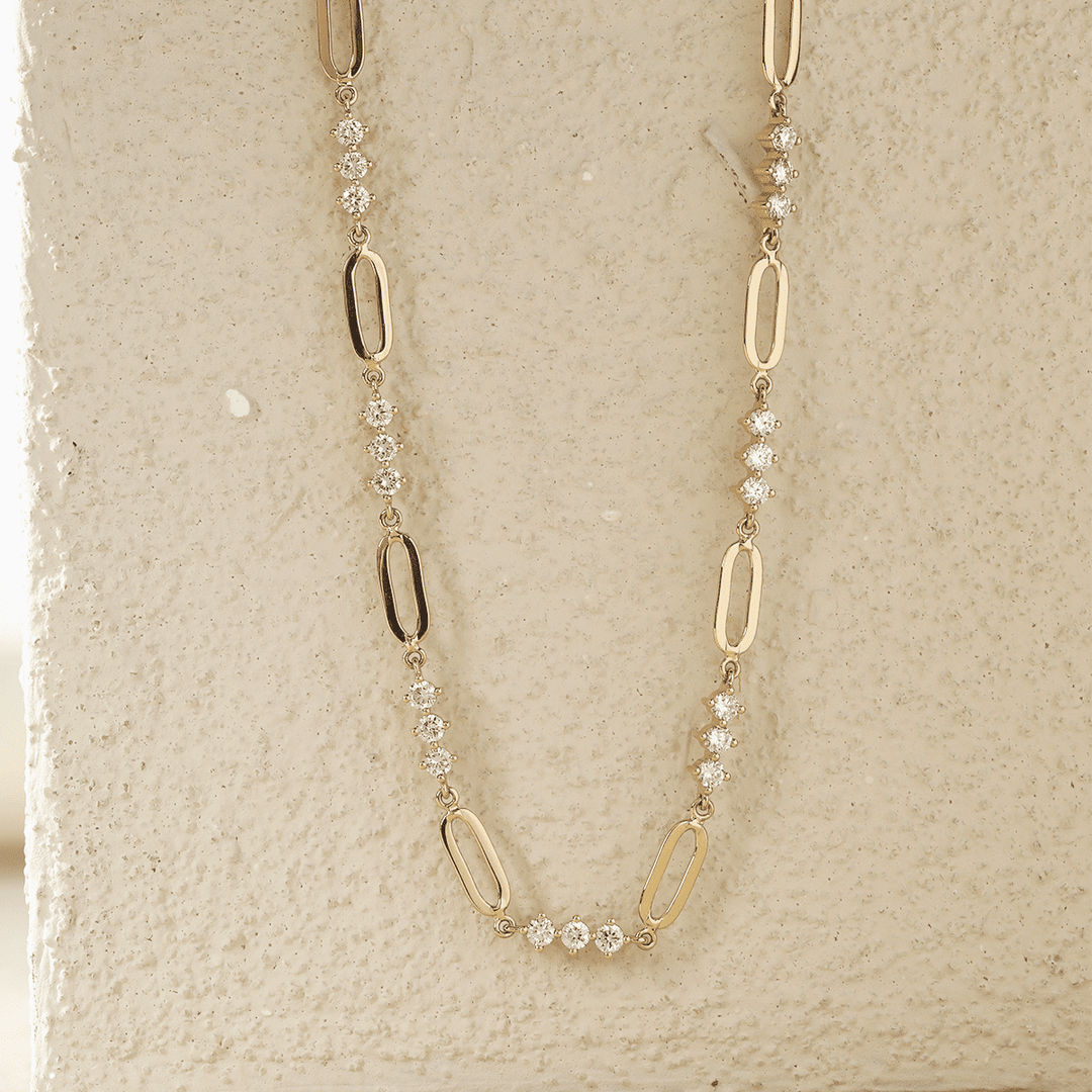 14K Yellow Gold 2mm Round Lab Diamond Cross Squashed Chain Station Necklace - FIORESE JEWELRY