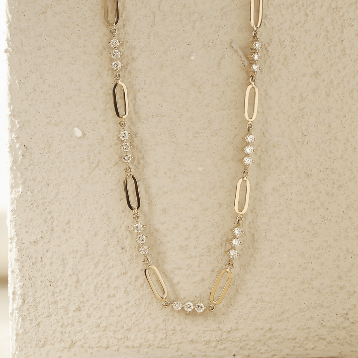 14K Yellow Gold 2mm Round Lab Diamond Cross Squashed Chain Station Necklace - FIORESE JEWELRY