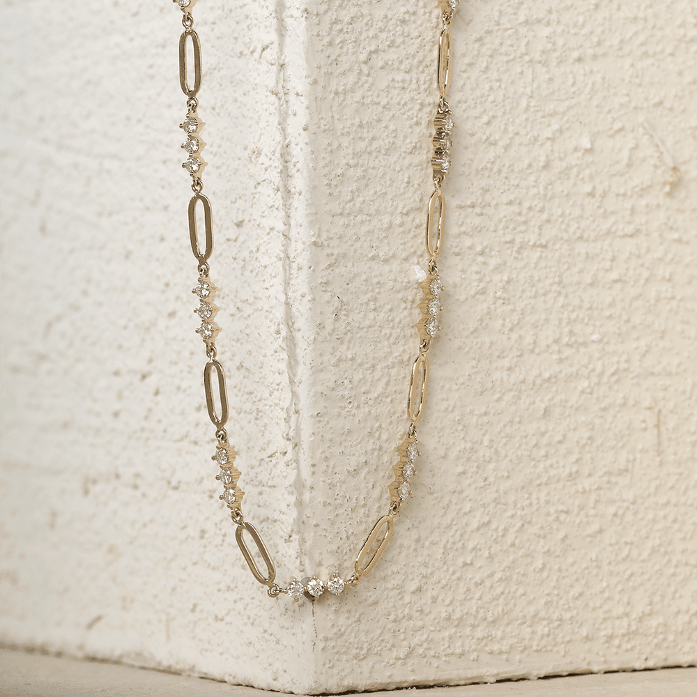 14K Yellow Gold 2mm Round Lab Diamond Cross Squashed Chain Station Necklace - FIORESE JEWELRY