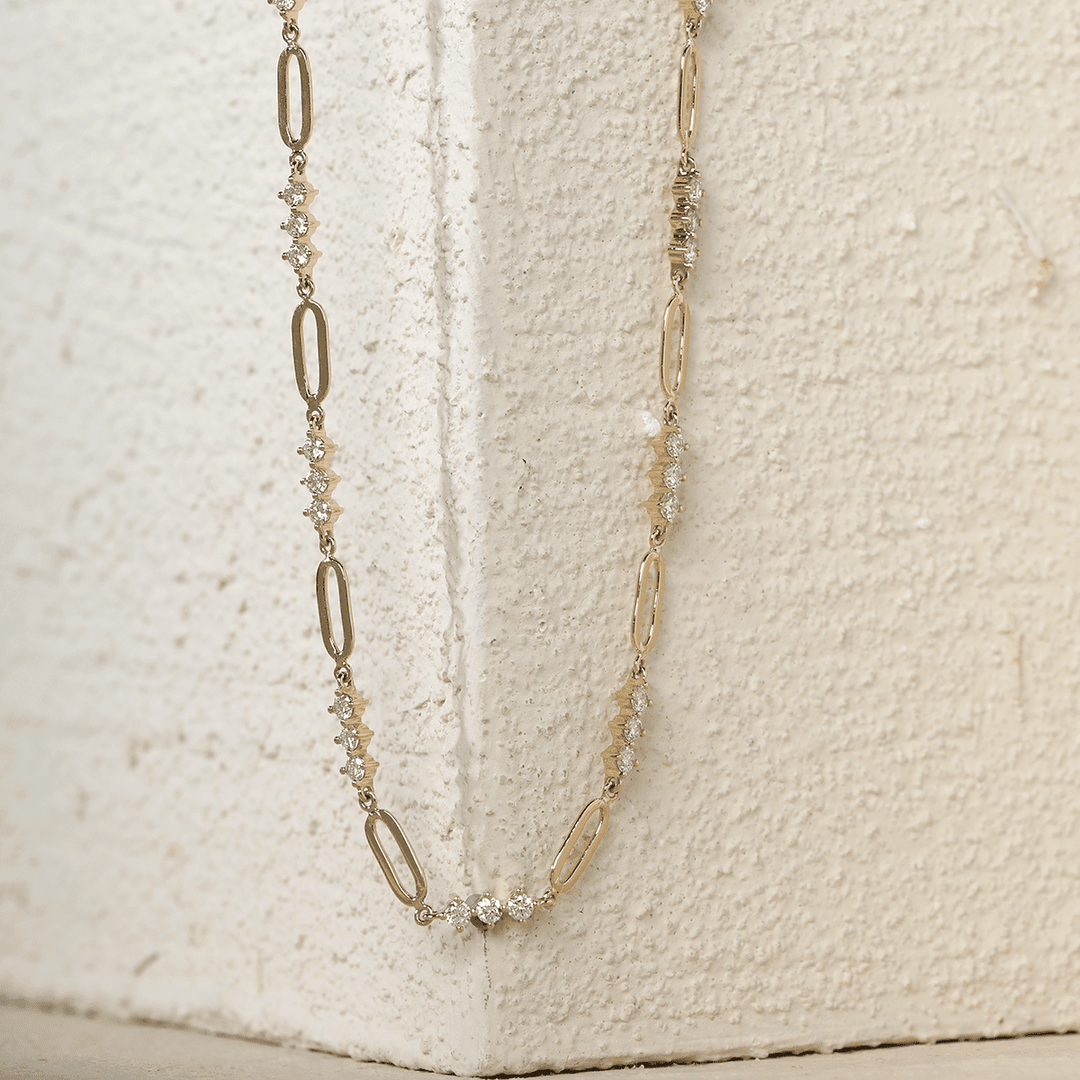 14K Yellow Gold 2mm Round Lab Diamond Cross Squashed Chain Station Necklace - FIORESE JEWELRY