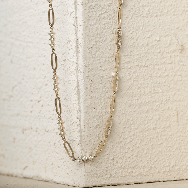 14K Yellow Gold 2mm Round Lab Diamond Cross Squashed Chain Station Necklace - FIORESE JEWELRY