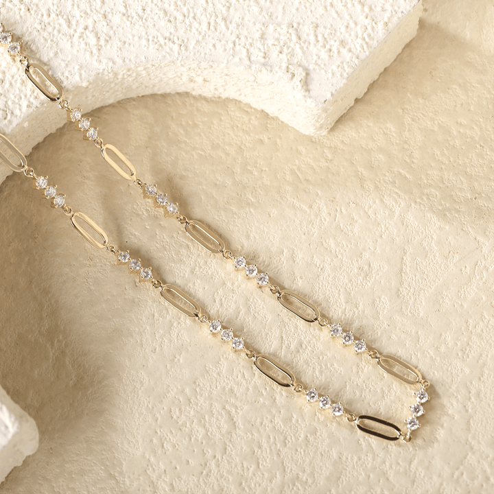 14K Yellow Gold 2mm Round Lab Diamond Cross Squashed Chain Station Necklace - FIORESE JEWELRY