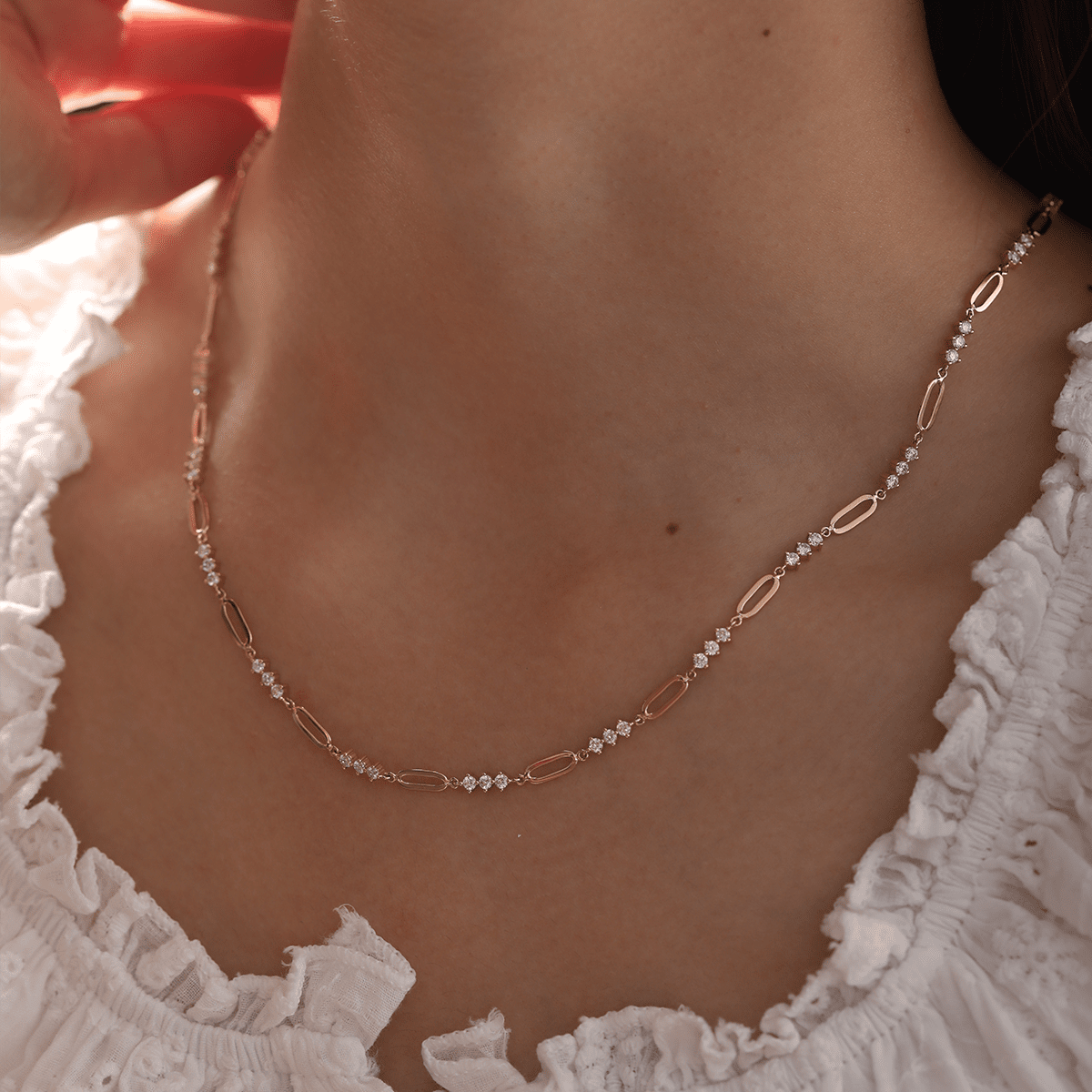 14K Yellow Gold 2mm Round Lab Diamond Cross Squashed Chain Station Necklace - FIORESE JEWELRY