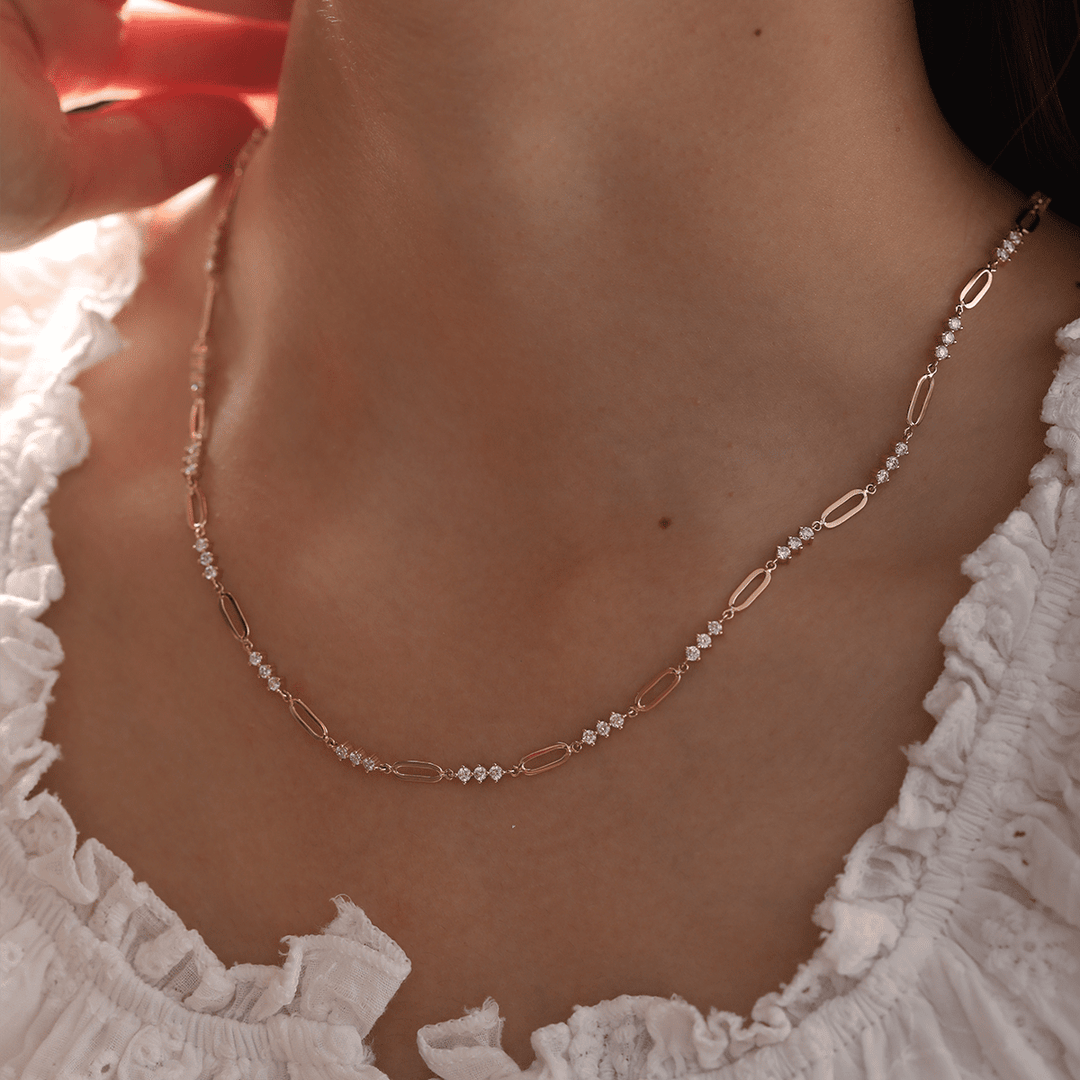 14K Yellow Gold 2mm Round Lab Diamond Cross Squashed Chain Station Necklace - FIORESE JEWELRY