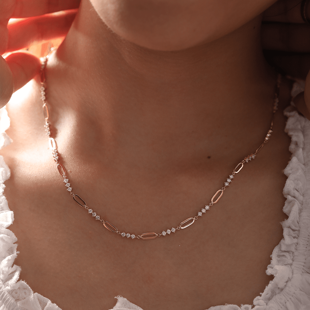 14K Yellow Gold 2mm Round Lab Diamond Cross Squashed Chain Station Necklace - FIORESE JEWELRY