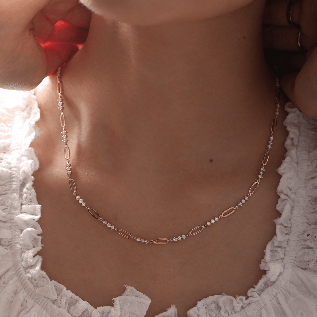 14K Yellow Gold 2mm Round Lab Diamond Cross Squashed Chain Station Necklace - FIORESE JEWELRY