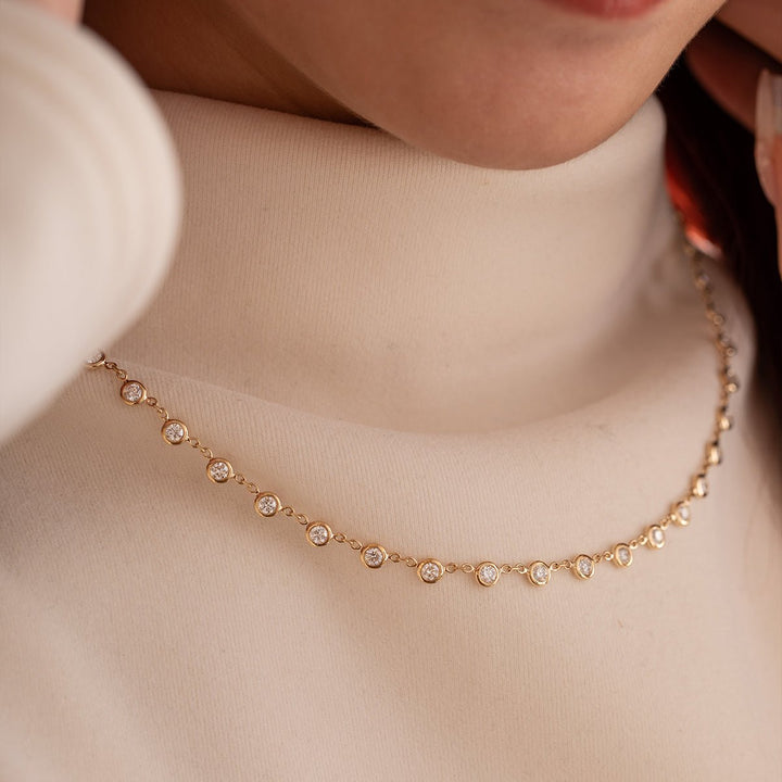 14K Yellow Gold 3 ct tw Round Brilliant Cut Lab Diamond Bezel Chain Station Necklace with Adjustable Chain - FIORESE JEWELRY