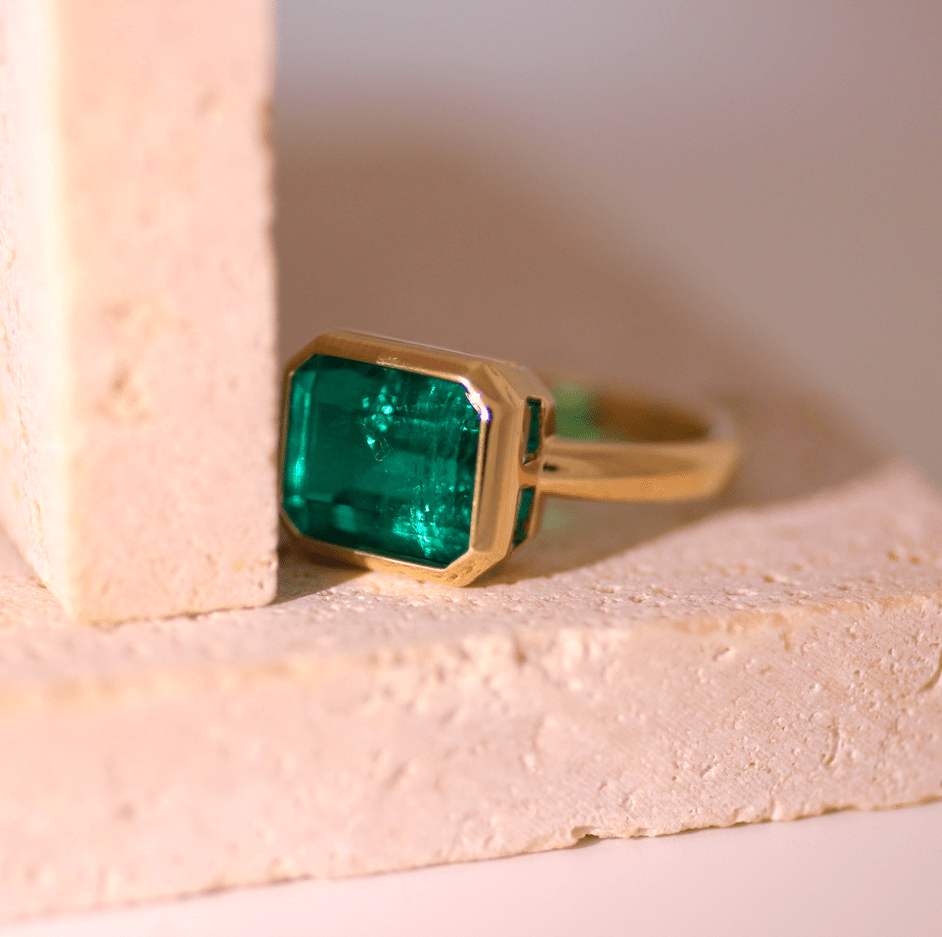 14K Yellow Gold 3.5 Carat Lab Emerald Solitaire Cocktail Ring with Bezel Setting - FIORESE JEWELRY