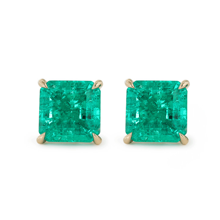 14K Yellow Gold 3.5 ct tw Asshcer Cut Colombian Lab Emerald 4 Claw Prong Basket Stud Earrings - FIORESE JEWELRY