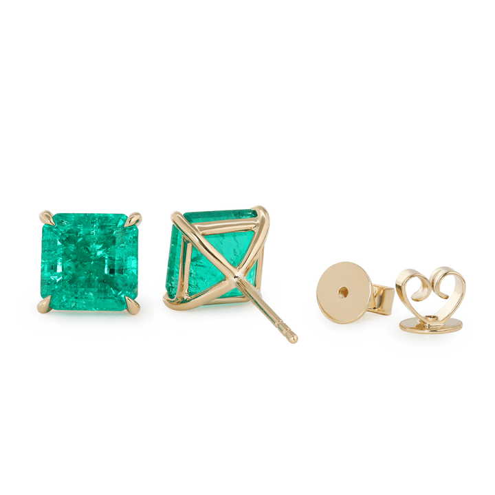 14K Yellow Gold 3.5 ct tw Asshcer Cut Colombian Lab Emerald 4 Claw Prong Basket Stud Earrings - FIORESE JEWELRY