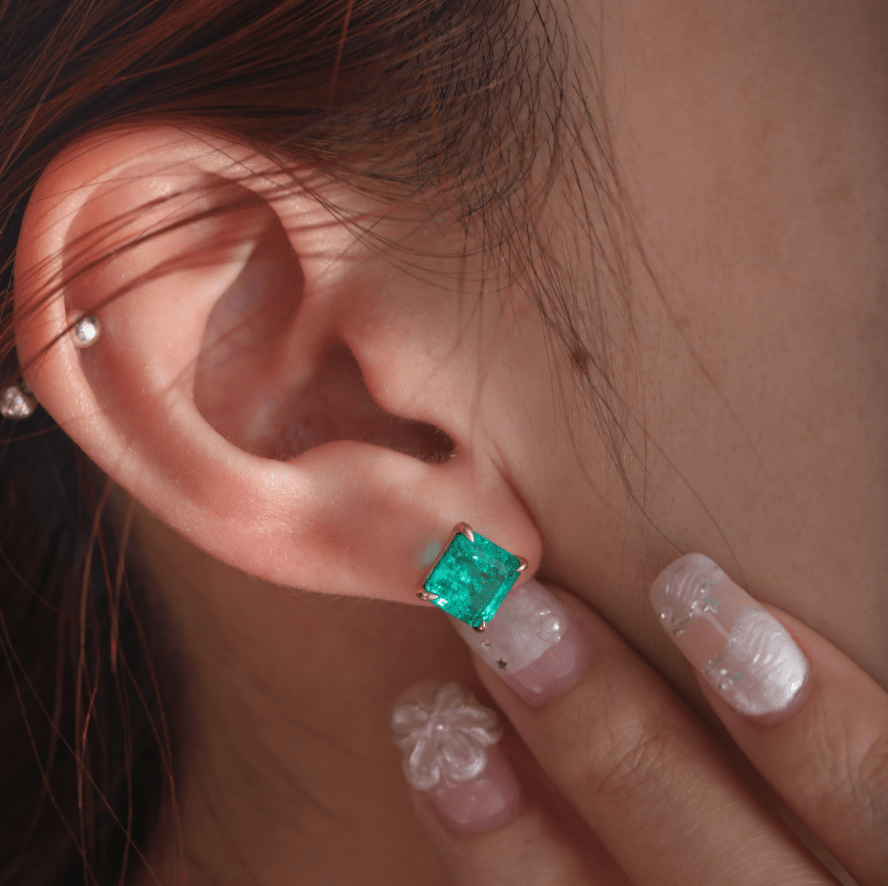 14K Yellow Gold 3.5 ct tw Asshcer Cut Colombian Lab Emerald 4 Claw Prong Basket Stud Earrings - FIORESE JEWELRY