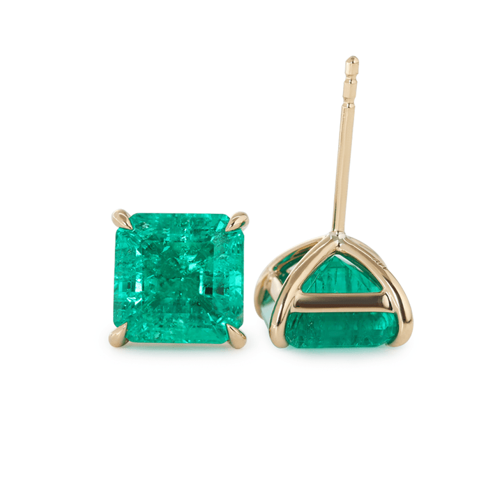 14K Yellow Gold 3.5 ct tw Asshcer Cut Colombian Lab Emerald 4 Claw Prong Basket Stud Earrings - FIORESE JEWELRY