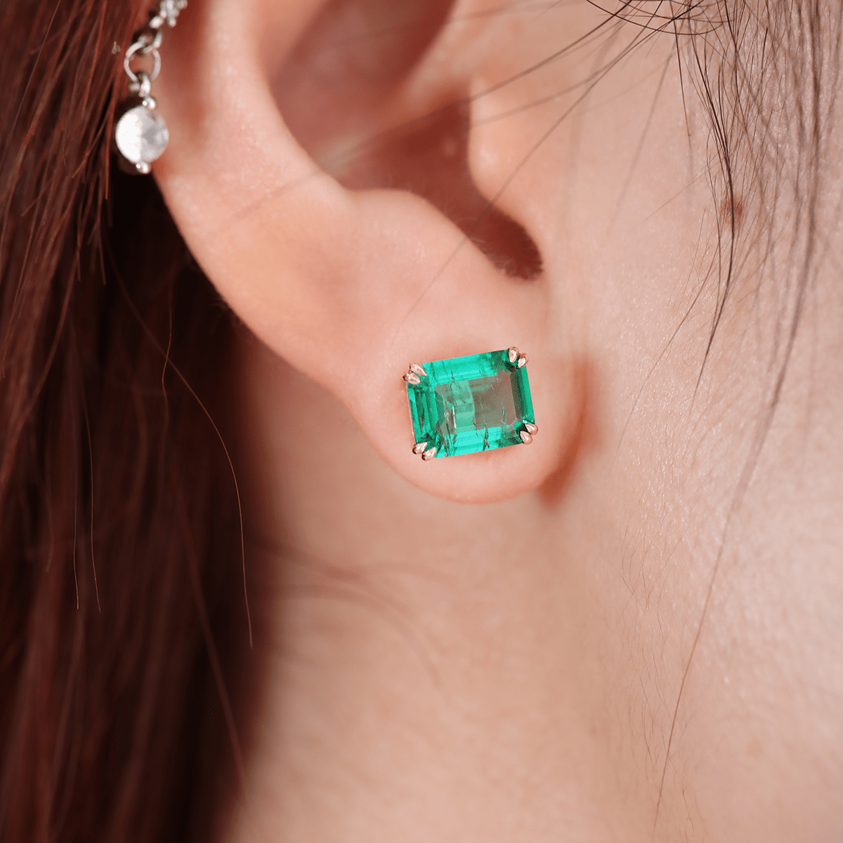 14K Yellow Gold 3.5 ct tw Zambian Lab Emerald Double Claw Prong Basket Stud Earrings - FIORESE JEWELRY